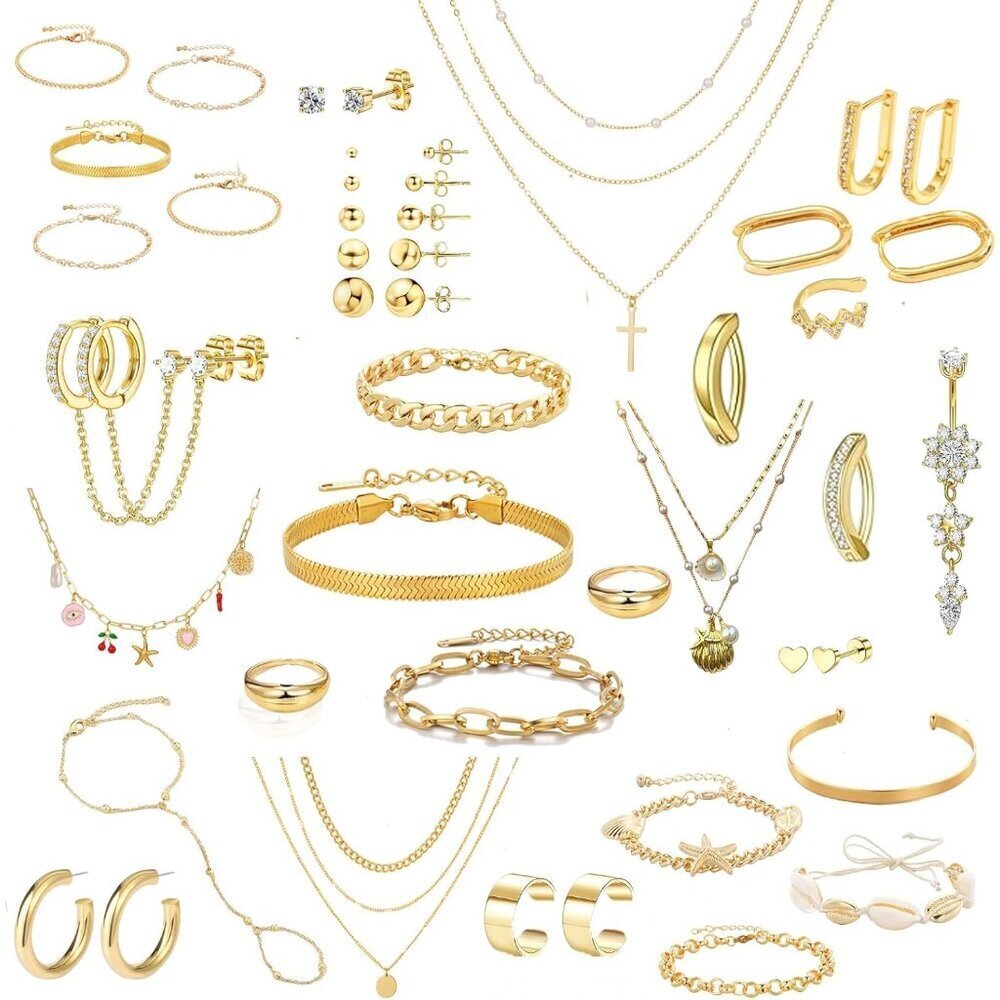 Gold Jewelry Set Women 53PC 18K Gold Plated Necklace Earrings Bracelets Rings